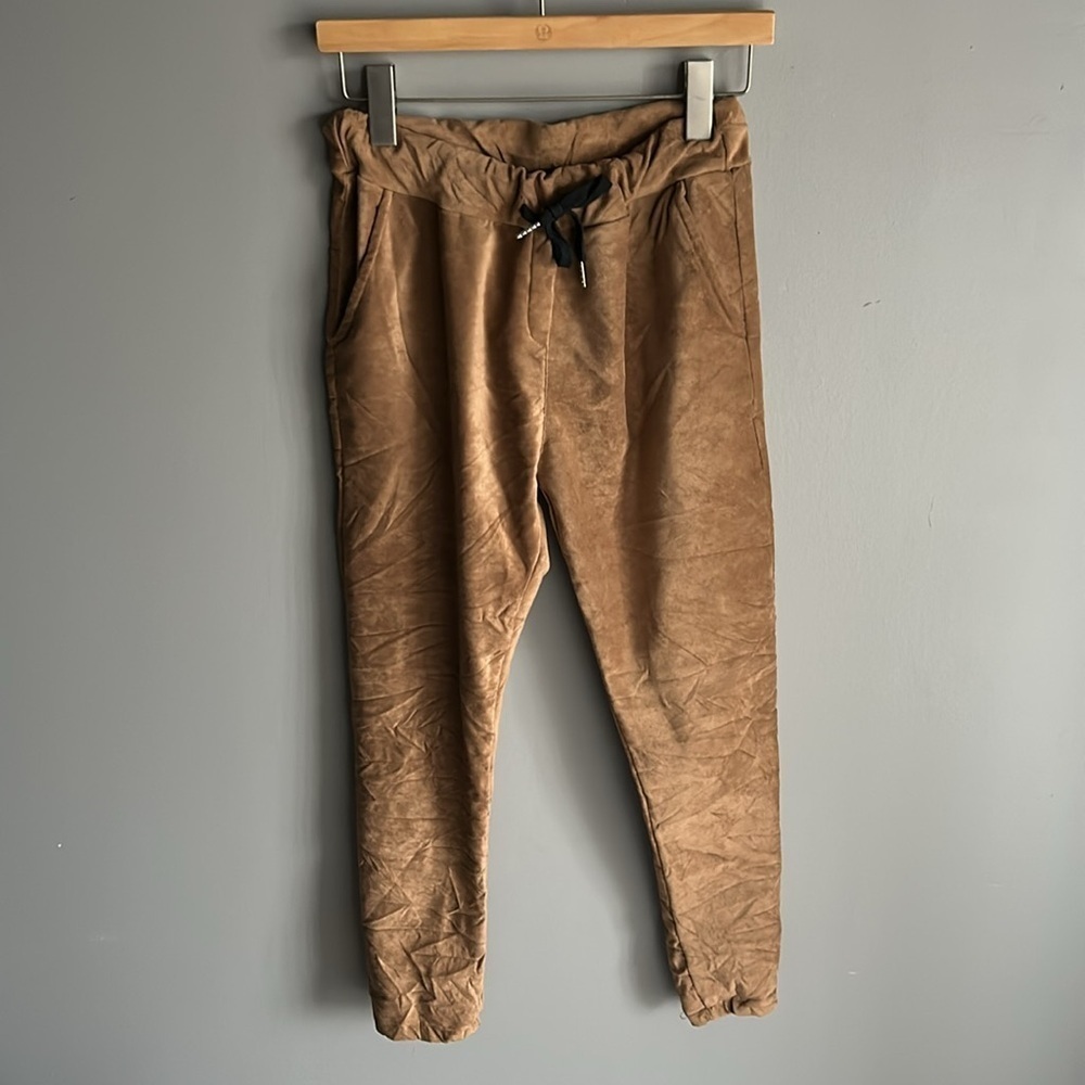 Brand Bazar Jogger Drawstring Pants One Size Faux Suede Gold Brownish EUC